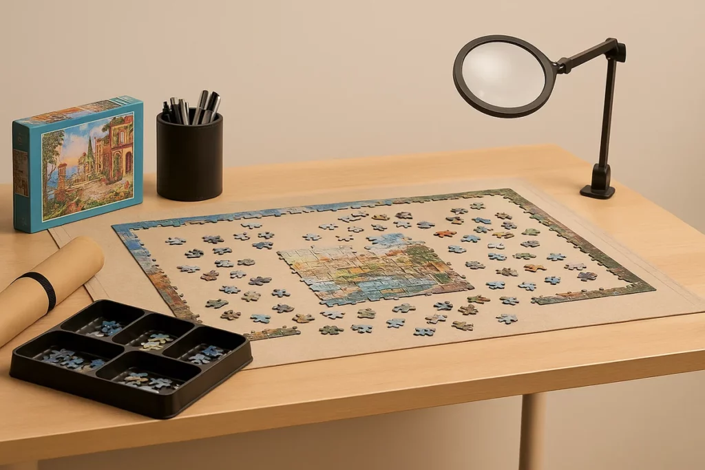 Puzzle auf Stoffmatte mit Zubehör: Schalen, Lupe, Motivbox