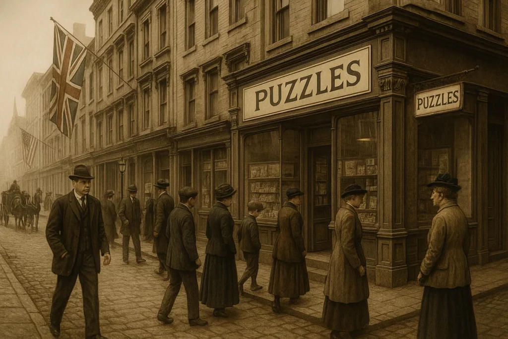 Sepia-Straßenszene mit Puzzle-Geschäft und Passanten um 1900